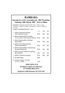 BARRABA Barraba P.A. & H. Association IncWoodchop Saturday 10th March, Start 11.00am Stewards: W. Simmons (Chief, ), J. Riley, J. King, H. Russell, J. Barker, N. Smith, S. Thompson, S. Groth, G.