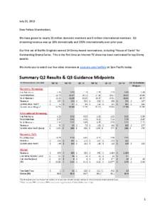 July 22, 2013 Dear Fellow Shareholders, We have grown to nearly 30 million domestic members and 8 million international members. Q2 streaming revenue was up 26% domestically and 155% internationally over prior year. Our 