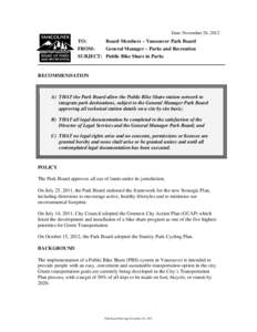 Park Board Meeting Report - Public Bike Share in Parks: 2012 Nov 26