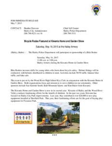 FOR IMMEDIATE RELEASE May 7, 2015 CONTACT: Heather Dawson Hailey City Administrator