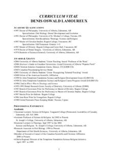 CURRICULUM VITAE DENIS OSWALD LAMOUREUX A CADEMIC Q UALIFICATIONS