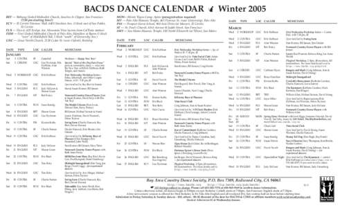 BACDS DANCE CALENDAR  Winter 2005 BET — Bethany United Methodist Church, Sanchez & Clipper, San Francisco (7:30 pm starting time!) ECV — El Cerrito Veterans’ Hall, 6401 Stockton Ave. (1 block east of San Pablo), E