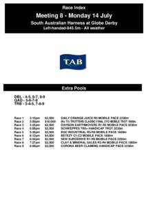 Race Index  Meeting 8 - Monday 14 July South Australian Harness at Globe Derby Left-handed-845.5m - All weather