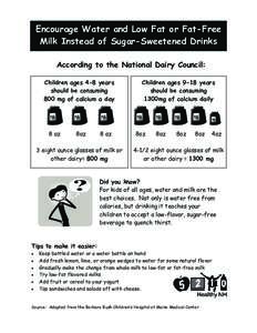 Encourage Water and Low Fat or Fat-Free Milk Instead of Sugar-Sweetened Drinks According to the National Dairy Council: Children ages 4-8 years should be consuming 800 mg of calcium a day