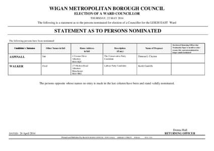 WIGAN METROPOLITAN BOROUGH COUNCIL ELECTION OF A WARD COUNCILLOR THURSDAY, 22 MAY 2014 The following is a statement as to the persons nominated for election of a Councillor for the LEIGH EAST Ward