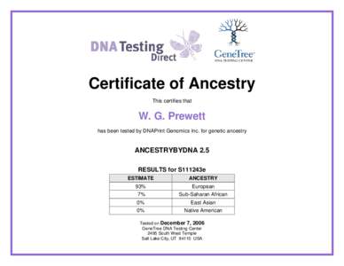 Certificate of Ancestry This certifies that W. G. Prewett has been tested by DNAPrint Genomics Inc. for genetic ancestry