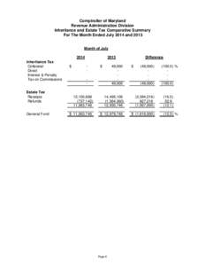 Comptroller of Maryland Revenue Administration Division Inheritance and Estate Tax Comparative Summary For The Month Ended July 2014 and 2013 Month of July 2014