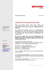 Pressemeldung  NrJobcenter Köln: Umzug des Standortes Süd