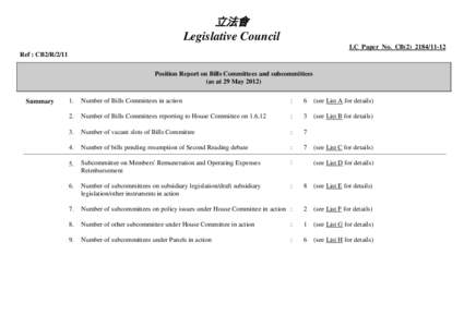 立法會 Legislative Council LC Paper No. CB[removed]Ref : CB2/R/2/11 Position Report on Bills Committees and subcommittees (as at 29 May 2012)