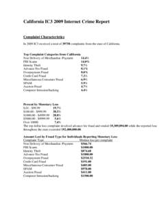 California IC3 2009 Internet Crime Report Complaint Characteristics In 2009 IC3 received a total of[removed]complaints from the state of California. Top Complaint Categories from California Non Delivery of Merchandise /Pay