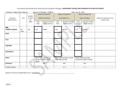 Procurement Documentation for Small Purchase Comparison Shopping: INDEPENDENT CENTERS AND SPONSORS OF AFFILIATED CENTERS  Institution: Happy Place Daycare Food and Specifications