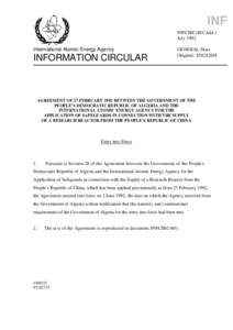 INFCIRC/401/Add.1 - Agreement of 27 February 1992 Between the Government of the People's Democratic Republic of Algeria and the Agency for the Application of Safeguards in connection with the Supply of a Research Re