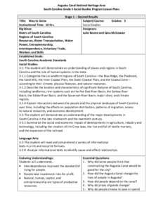 Augusta Canal National Heritage Area South Carolina Grade 3 Social Studies Program Lesson Plans Stage 1 – Desired Results Subject/Course: Grades: 3