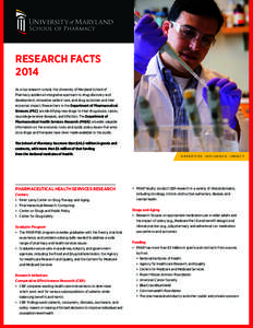 RESEARCH FACTS 2014 As a top research school, the University of Maryland School of Pharmacy applies an integrative approach to drug discovery and development, innovative patient care, and drug outcomes and their economic