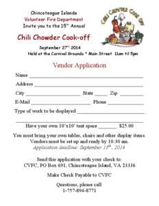 Chincoteague Islands Volunteer Fire Department Invite you to the 15th Annual Chili Chowder Cook-off September 27th 2014