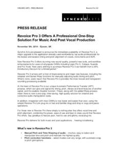 SYNCHRO ARTS - PRESS RELEASE  Revoice Pro 3.0 PRESS RELEASE Revoice Pro 3 Offers A Professional One-Stop