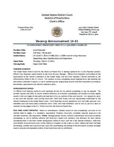 United States District Court District of Puerto Rico Clerk’s Office Frances Moran, Esq. Clerk of Court