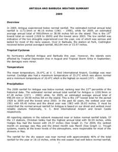 ANTIGUA AND BARBUDA WEATHER SUMMARY 2009 Overview In 2009, Antigua experienced below normal rainfall. The estimated normal annual total rainfall is 1172.5mm orinches (1961 – 1990), while for 2009, an estimated a