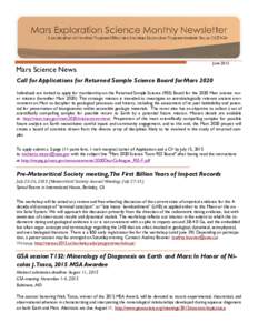 Mars Science News  June 2015 Call for Applications for Returned Sample Science Board for Mars 2020 Individuals are invited to apply for membership on the Returned Sample Science (RSS) Board for the 2020 Mars science rove