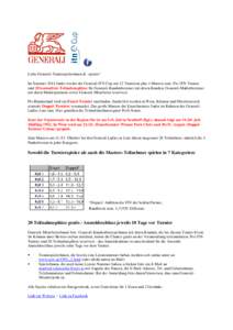 Liebe Generali-Tennisspielerinnen & -spieler! Im Sommer 2014 findet wieder der Generali ITN Cup mit 12 Turnieren plus 1 Masters statt. Pro ITN-Turnier sind 20 kostenfreie Teilnahmeplätze für Generali-Kundenbetreuer mit