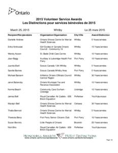 2015 Volunteer Service Awards Les Distinctions pour services bénévoles de 2015 March 25, 2015 Whitby