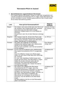 Warnwesten-Pflicht im Ausland • Beschaffenheit der vorgeschriebenen Warnwesten Die vorgeschriebenen Warnwesten müssen rot, gelb oder orangefarben sein und das europäische Kontrollzeichen EN 471 tragen. Diese Warnwest