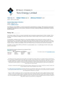 BBY Research - 03 September 14  Toro Energy Limited    TOE A$0.073