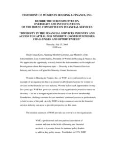 Outline of WHF Testimony before House Financial Services Oversight Subcommittee on “Diversity in the Financial Services Indust