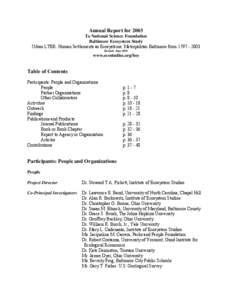 Annual Report for 2003 To National Science Foundation Baltimore Ecosystem Study Urban LTER: Human Settlements as Ecosystems: Metropolitan Baltimore from[removed]Revised: June 2004