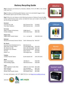 Battery Recycling Guide  Alkaline Step 1: Separate your batteries by chemistry (alkaline, Ni-Cd, Ni-MH, Li-Ion, Sealed Lead Acid, etc.)