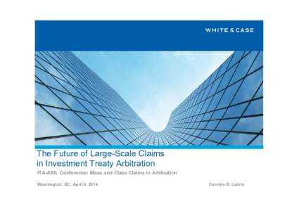 The Future of Large-Scale Claims in Investment Treaty Arbitration ITA-ASIL Conference: Mass and Class Claims in Arbitration Washington, DC, April 9, 2014  Carolyn B. Lamm