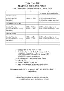 IONA COLLEGE TRAINING FEES AND TIMES Term 1 (Monday 12th January – Friday 27th MarchTimes