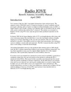 Radio JOVE Retrofit Antenna Assembly Manual April 2005 Introduction Two versions of the Jove RJ1.1 dual dipole antenna have been sold previously. The original version[removed]used a T-connector (instead of a power co