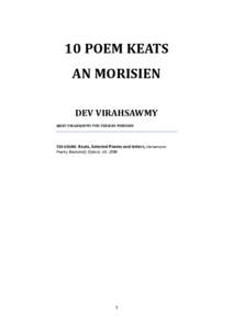 10 POEM KEATS AN MORISIEN DEV VIRAHSAWMY ©DEV VIRAHSAWMY POU VERSION MORISIEN  TEX SOURS: Keats, Selected Poems and letters; Heinemann