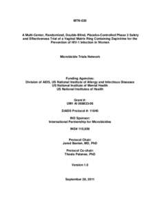 MTN-020  A Multi-Center, Randomized, Double-Blind, Placebo-Controlled Phase 3 Safety and Effectiveness Trial of a Vaginal Matrix Ring Containing Dapivirine for the Prevention of HIV-1 Infection in Women