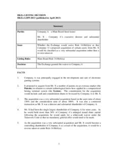 HKEx LISTING DECISION HKEx-LD59[removed]published in April[removed]Summary Company A – a Main Board listed issuer