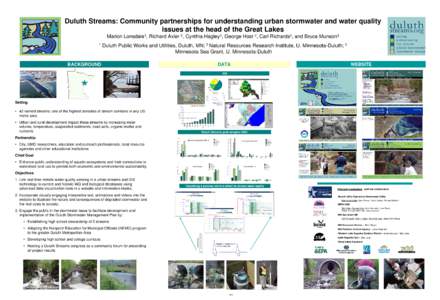 Duluth Streams: Community partnerships for understanding urban stormwater and water quality issues at the head of the Great Lakes Marion Lonsdale1, Richard Axler 2, Cynthia Hagley3, George Host 2, Carl Richards3, and Bru