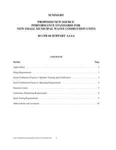 SUMMARY PROPOSED NEW SOURCE PERFORMANCE STANDARDS FOR NEW SMALL MUNICIPAL WASTE COMBUSTION UNITS 40 CFR 60 SUBPART AAAA