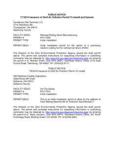 PUBLIC NOTICE[removed]Issuance of Draft Air Pollution Permit-To-Install and Operate Gunderson Rail Services LLC 3710 Hendricks Rd., Youngstown, OH[removed]Mahoning County