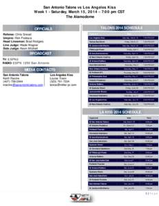 San Antonio Talons vs Los Angeles Kiss W eek 1 - Saturday, March 15, [removed] – 7:0 0 pm CST The Alamodome TALONS 2014 SCHEDULE  OFFICIALS