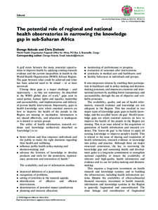 Editorial Journal of the Royal Society of Medicine; 2014, Vol. 107(1S) 3–5 DOI: [removed][removed]The potential role of regional and national health observatories in narrowing the knowledge