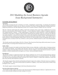 2013 Building the Local Business Agenda Issue Background Summaries ECONOMIC DEVELOPMENT Annexation -The Chamber encourages the City of Decatur to set forth a comprehensive growth strategy.  In particular, the Chamber’