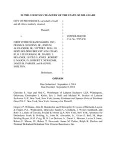 IN THE COURT OF CHANCERY OF THE STATE OF DELAWARE CITY OF PROVIDENCE, on behalf of itself and all others similarly situated, Plaintiff, v. FIRST CITIZENS BANCSHARES, INC.,