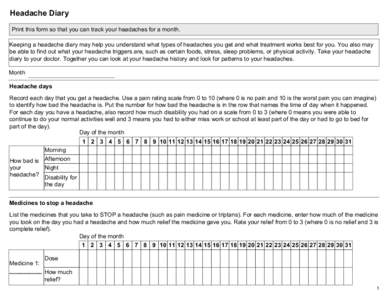 Headache Diary Print this form so that you can track your headaches for a month. Keeping a headache diary may help you understand what types of headaches you get and what treatment works best for you. You also may be abl