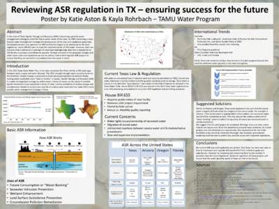 Reviewing ASR regulation in TX – ensuring success for the future Poster by Katie Aston & Kayla Rohrbach – TAMU Water Program Abstract International Trends