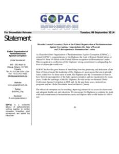 For Immediate Release  Tuesday, 09 September 2014 Statement Global Organization of