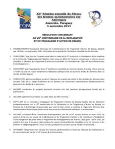XIIe Réunion annuelle du Réseau des femmes parlementaires des Amériques Asunción, Paraguay 4 novembre 2014 RÉSOLUTION CONCERNANT