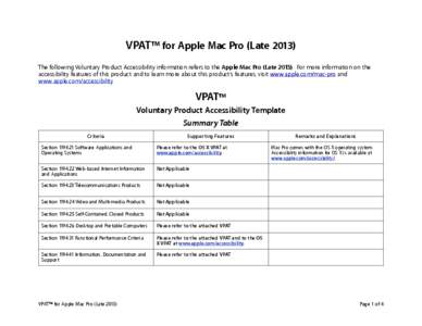 VPAT™ for Apple Mac Pro (Late[removed]The following Voluntary Product Accessibility information refers to the Apple Mac Pro (Late[removed]For more information on the accessibility features of this product and to learn mor