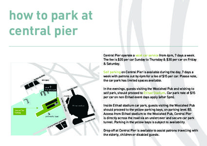 how to park at central pier Central Pier operate a valet car service from 4pm, 7 days a week. The fee is $20 per car Sunday to Thursday & $30 per car on Friday & Saturday. Self parking on Central Pier is available during