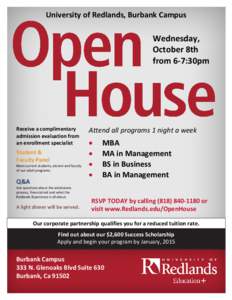 University of Redlands, Burbank Campus  Wednesday, October 8th from 6-7:30pm